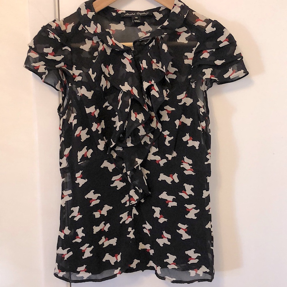 Dina Angelozzi Scottie dog print silk chiffon cap sleeve empire waist blouse